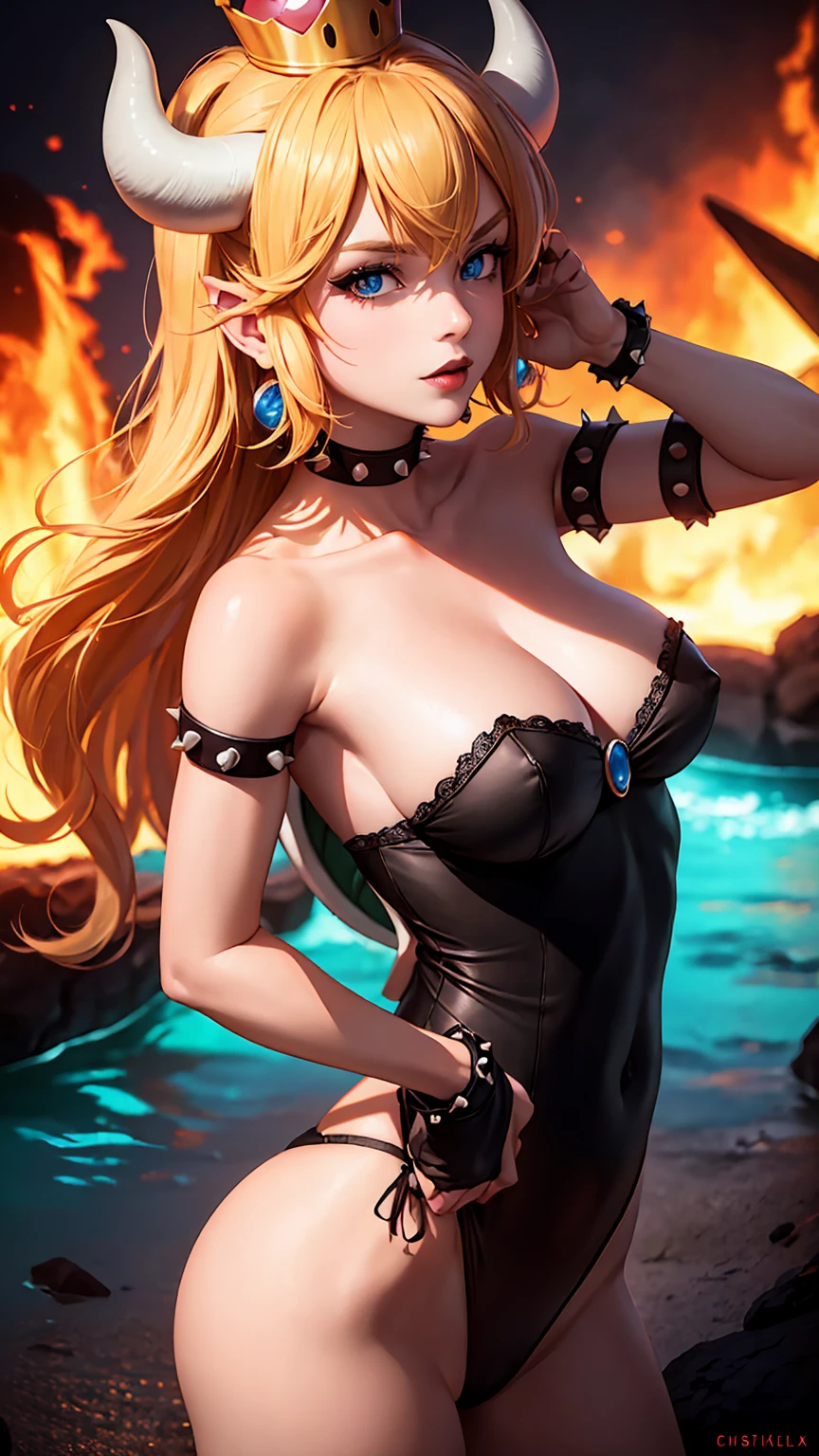 ((high detailed, best quality, 4k, masterpiece, hd:1.3)), ((best quality)), (((HD))), (((8k))), (ultraDH), (ultra HD), Princess Daisy, blue eyes, BREAK blue eyes, seductive, attractive, smooth anime cg art, 36C breasts, long legs, vivid colors, detailed digital art, slim body, perfect skin, dark blonde hair, long hair, blonde hair, blonde hair, BREAK crown, cleavage, 36C cleavage, looking at viewer, BREAK looking at viewer, extremely detailed face, red santa suit, red santa claus suit, santa claus suit, earrings, gem, dark black makeup lips, dark gothic eyeshadows, dark eyeshadows, black eyeshadows, black sexy lips, black lips, (dark:1.2), dark lips, very dark lips, black makeup, black medium lips, black thick lips, (1 girl), detailed lips, detailed black lips, black painted lips, gothic painted lips, BREAK night, night sky, (breast focus), (from above:1.1), (breasts out:1.3), (off shoulder:1.1), (white horns), (lingerie), inside a lava castle, she inside a sea of lava, she bathing in lava,