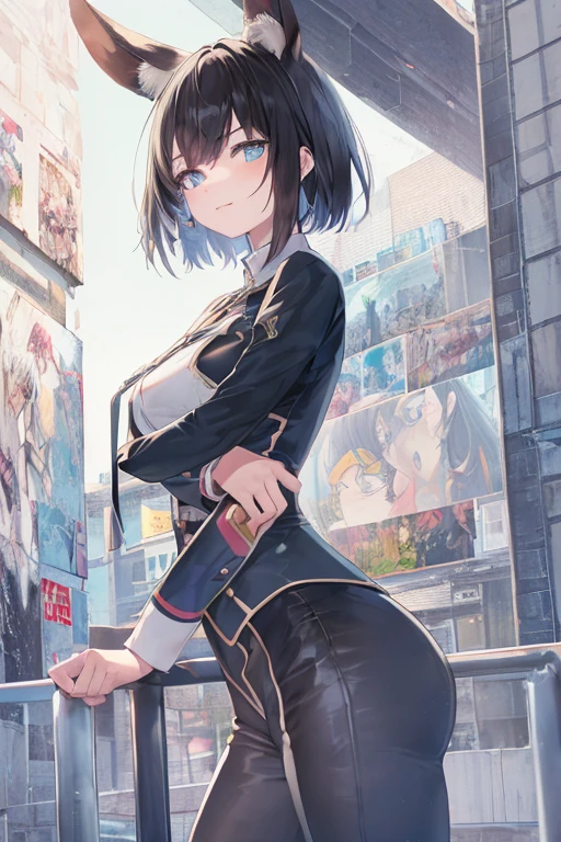 (Tabletop.highest quality).(Dynamic Angle). (CG paintings with impressive detail),(Perfect image)、Comic Strip.shape.1 girl.Detailed face、Perfect Face.Delicate face、A girl in a delicate uniform、rough skin、Black Hair.length、(Umamimi Girl)Umamimi Girl、((Beautiful Blue Eyes)).Delicate and Beautiful Eyes、Beautiful Eyes、Reflected Eyes、smile.(Looking at the audience:1.3).(Face is a little red:0.8)、8k wallpaper、Cowboy Shot、reflected light、Most detailed、Complex、Delicate background、rough skin、Fine skin、(Super Resolution)、Wear a uniform, One girl, (((Standing on the edge of the building))), Dystopia, 8k, high quality, (((Detailed face))), Fine hand, melancholy, sad, It&#39;s raining outside, (((night))), 