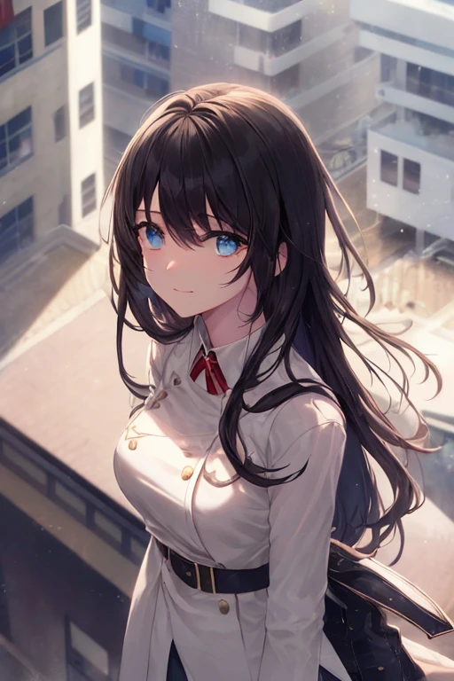 (Tabletop.highest quality).(Dynamic Angle). (CG paintings with impressive detail),(Perfect image)、Comic Strip.shape.1 girl.Detailed face、Perfect Face.Delicate face、A girl in a delicate uniform、rough skin、Black Hair.length、(Umamimi Girl)Umamimi Girl、((Beautiful Blue Eyes)).Delicate and Beautiful Eyes、Beautiful Eyes、Reflected Eyes、smile.(Looking at the audience:1.3).(Face is a little red:0.8)、8k wallpaper、Cowboy Shot、reflected light、Most detailed、Complex、Delicate background、rough skin、Fine skin、(Super Resolution)、Wear a uniform, One girl, (((Standing on the edge of the building))), Dystopia, 8k, high quality, (((Detailed face))), Fine hand, melancholy, sad, It's raining outside, (((night))),