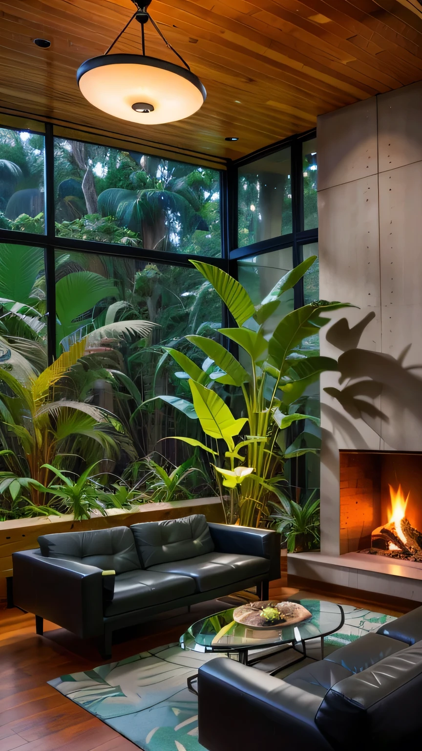 Sala de estar com vista para uma montanha e uma floresta, mountainous jungle setting, jungle setting, Como uma cena de Blade Runner, magical ambiance, pintura escura ultrarrealista, em um ambiente de selva, pleasant environment, floresta nublada, Selva bonita, ambiente mal-humorado, Selva exuberante, Inside an alien jungle, Plantas e selva, montanhas da floresta tropical, ambiente relaxante