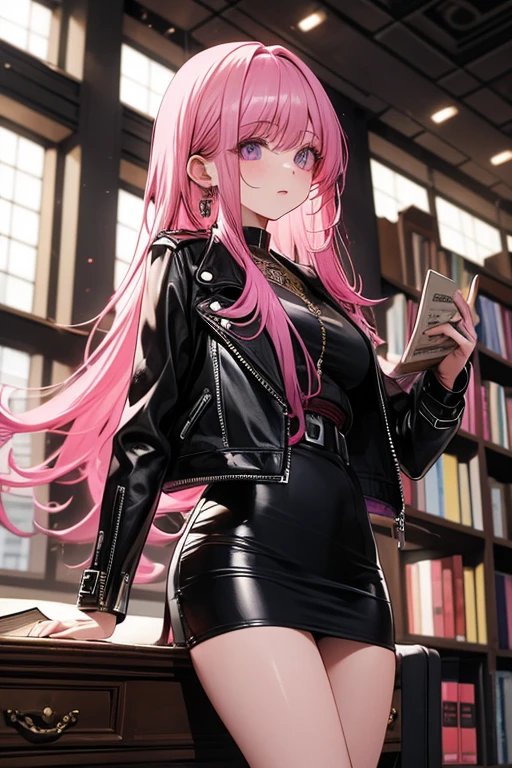 A pink haired woman with violet eyes with an hourglass figure in a cool leather jacket and dress is picking out a book in the libary