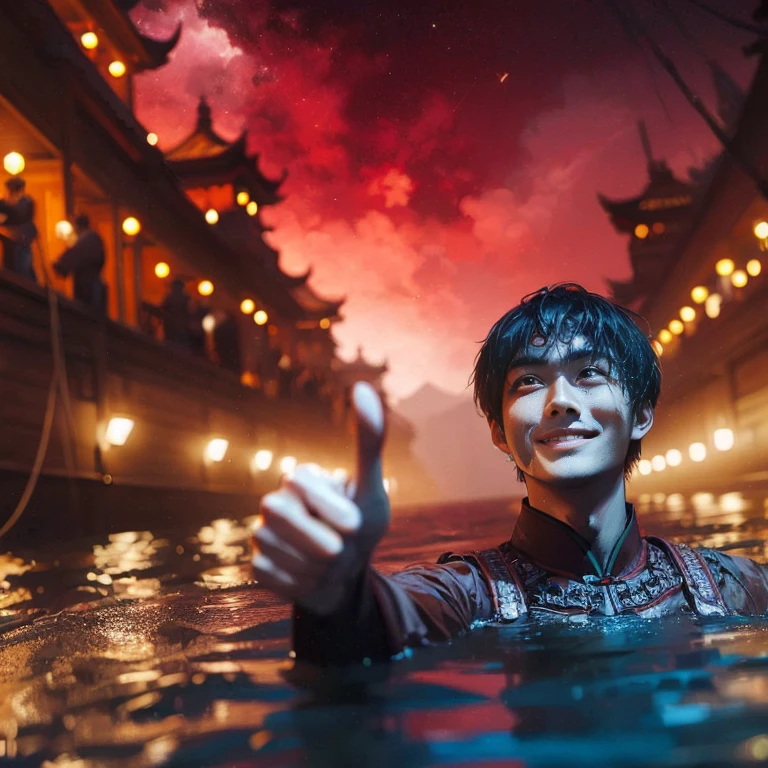 (Best Quality:1.2), (high resolution:1.2), (beautiful face and eye:1.5), (sharpest focus:1.2), (Ultra-realistic Photo:1.2), (Ultra-precise Photo:1.2), (Depth of field:1.2), (8k high resolution:1.2). (perfect ???????:1.2), 
(nice hands:1.5), (perfect hands:1.5), (One drowning Chinese man:1.2), (Very young and beautiful Chinese man:1.0), (Smiling thumbs up in a state of resignation:1.2), (Looking up angle:1.2), 
(Chinese warrior in very light clothing, beaten up:1.0), (Majestic Chinese river:1.0), (Cynical smile:1.0), (Giant battleship:1.0), (Mars shining reddish-red in the night sky:1.2), 