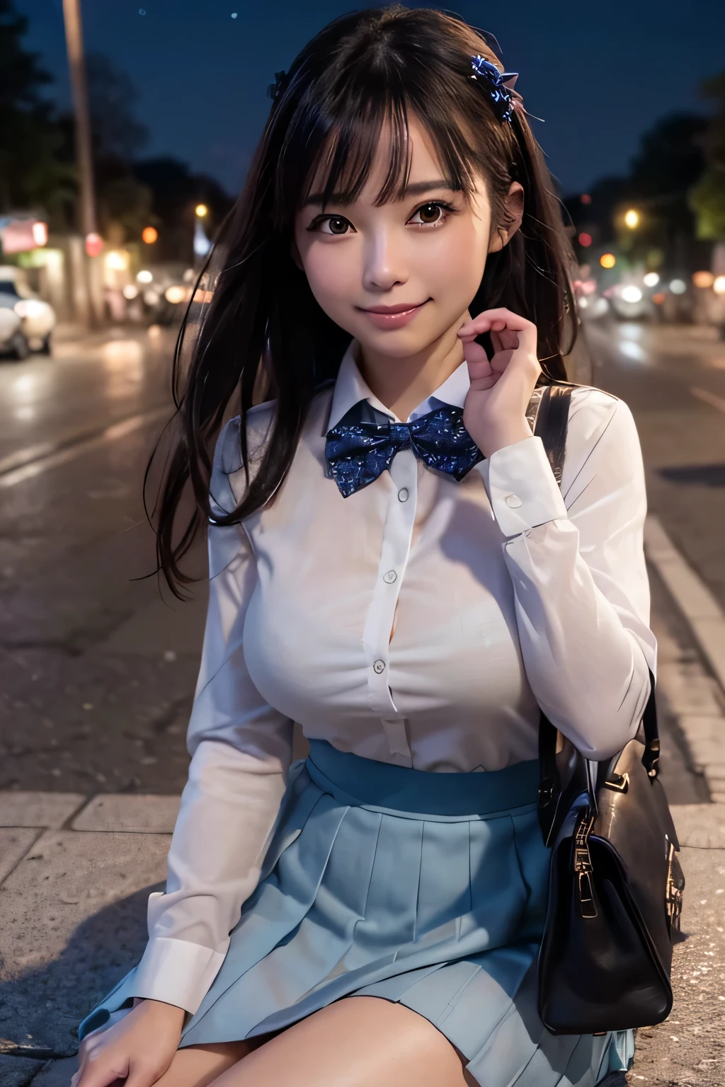 There is a woman who is on the street with a bag, (8k, RAW photo, best quality, masterpiece: 1.2), (realistic, photo-realistic: 1.37), ultra-detailed, 1 girl, beautiful, solo, beautiful detailed sky, night, sitting, dating, (flushed nose), (smile: 1.1), medium breasts, beautiful detailed eyes, (collared shirt: 1.1), bow tie, pleated skirt,
