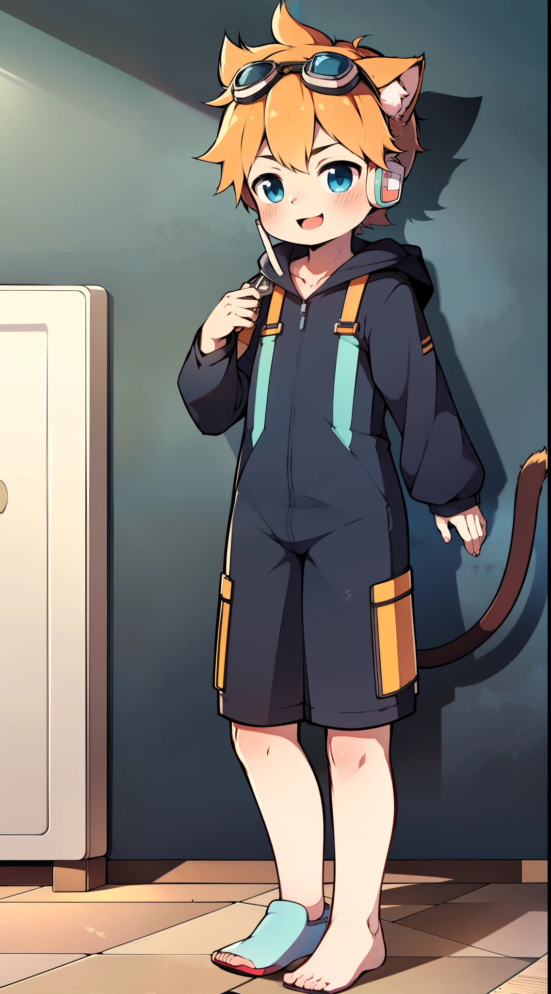 2D Boy Shota,One-piece mountaineering suit,Slim, healthy body,Put the headphones on your head,stand up,goggles,Cat ear,happy,Sailor collar,Lovely,Love,Short sleeve