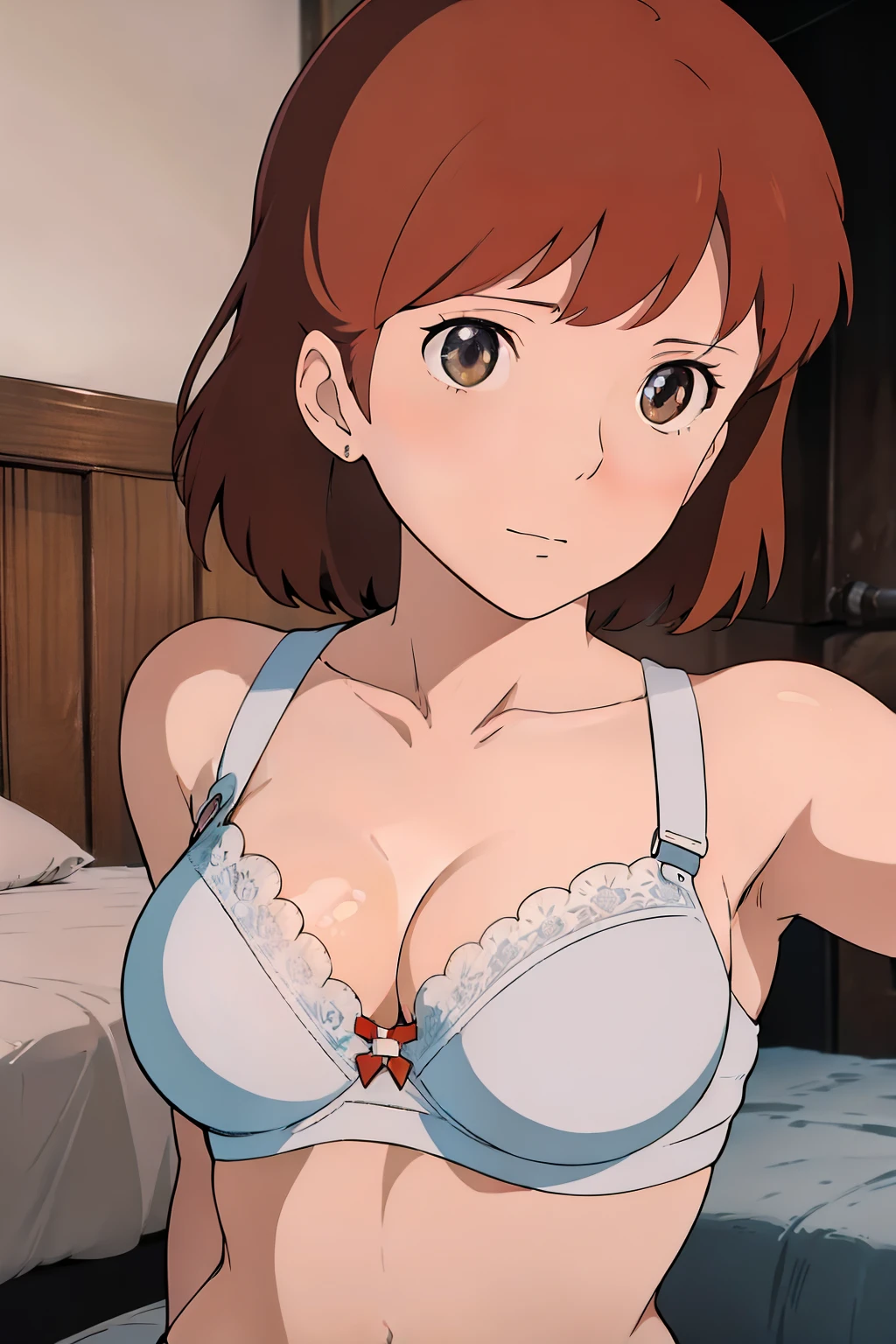 (masterpiece, highest quality, High resolution, Anime screenshots, Anime Color, 8k, Realistic), Nausicaa, One girl, alone, Brown Hair, (Avert your eyes), Large Breasts, Cleavage, (White lace bra,realistic white lace panties ),Put your arms behind your back, bed, (Perfectly detailed anatomy, Beautiful Face&eye, Shiny skin, Perfect body)