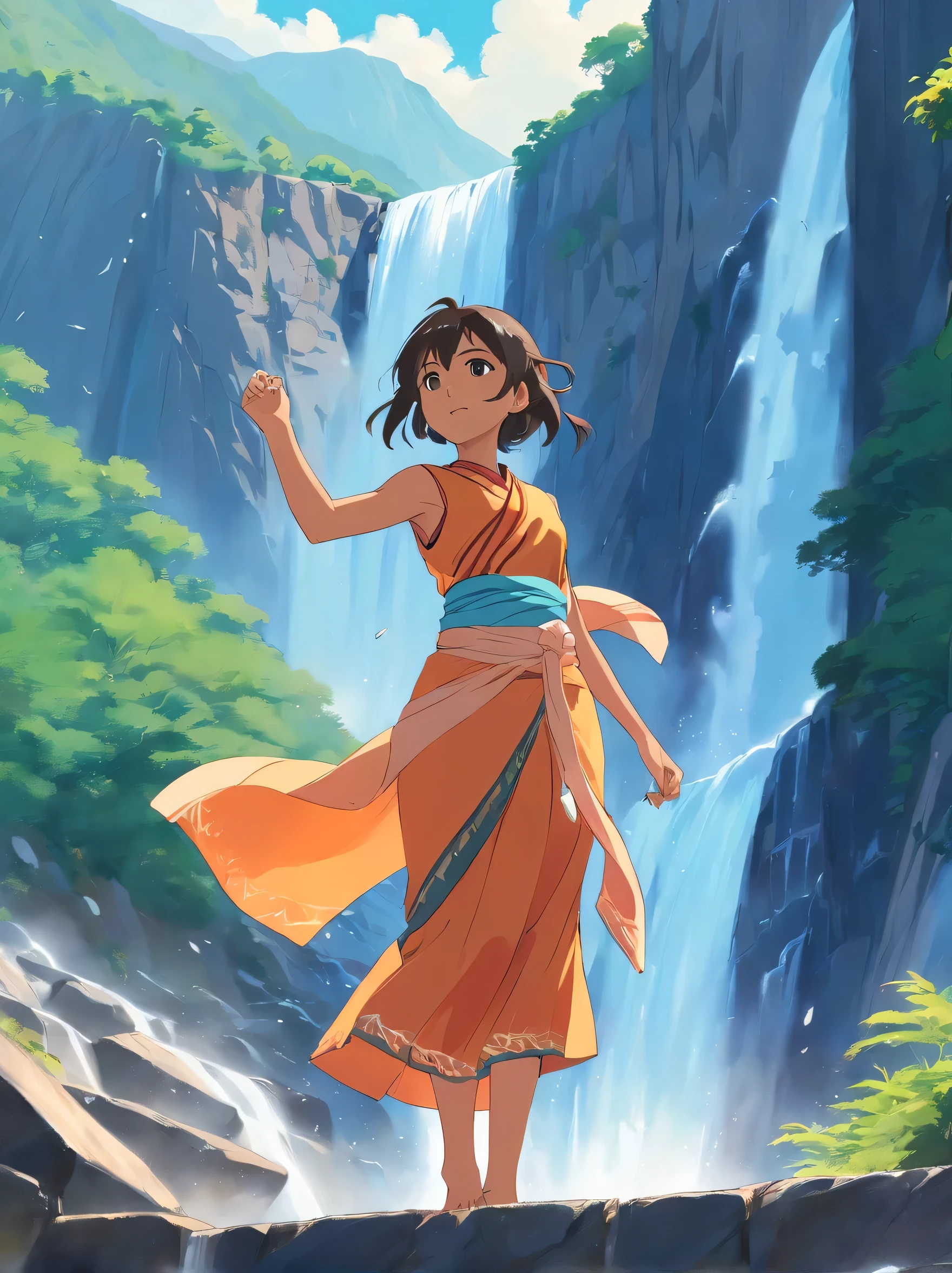Indian girl with beautiful indian dress, mountains in background, waterfall falling from mountain