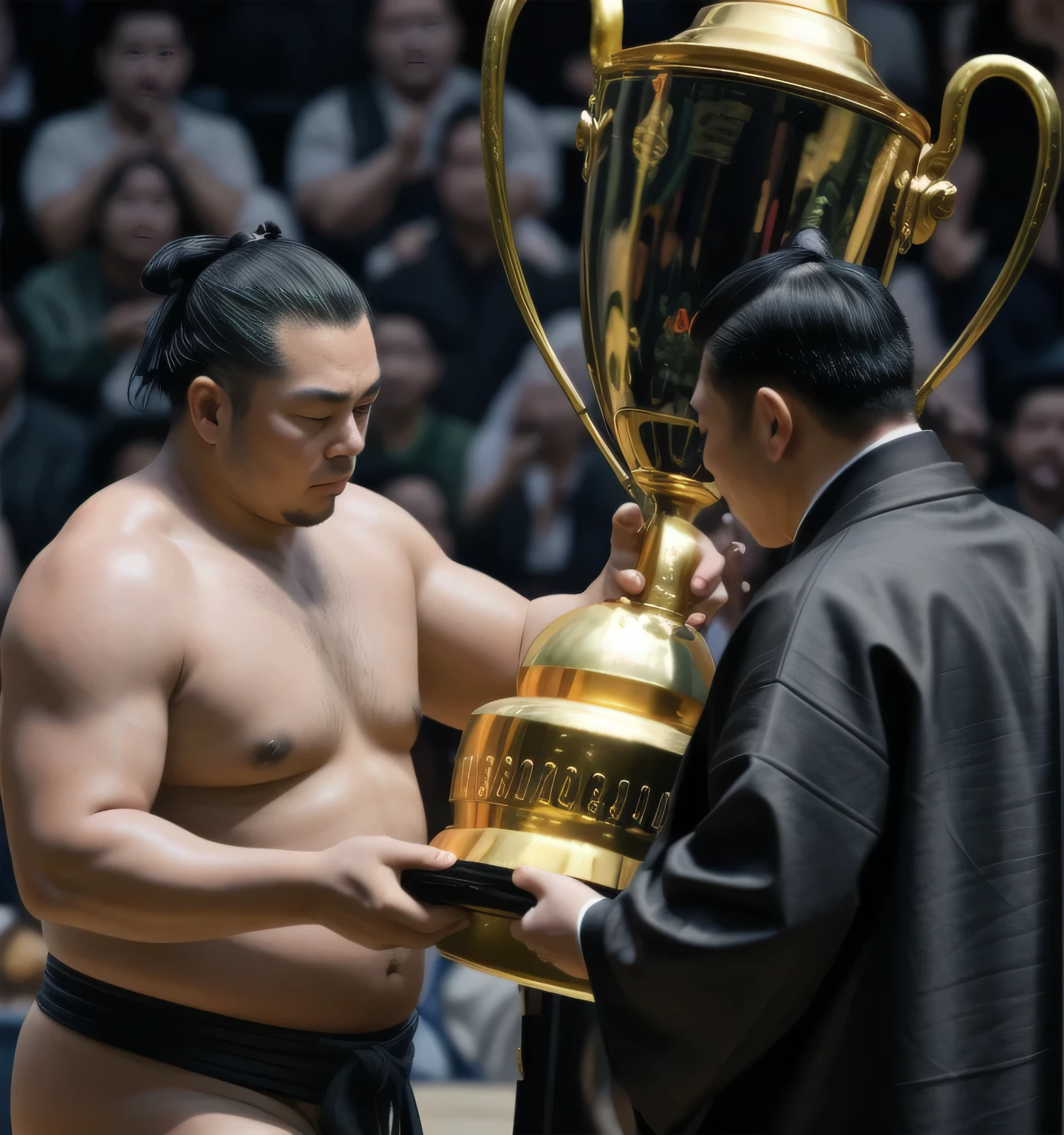 Sumo wrestlers, Golden Trophy, A man wearing a black haori coat