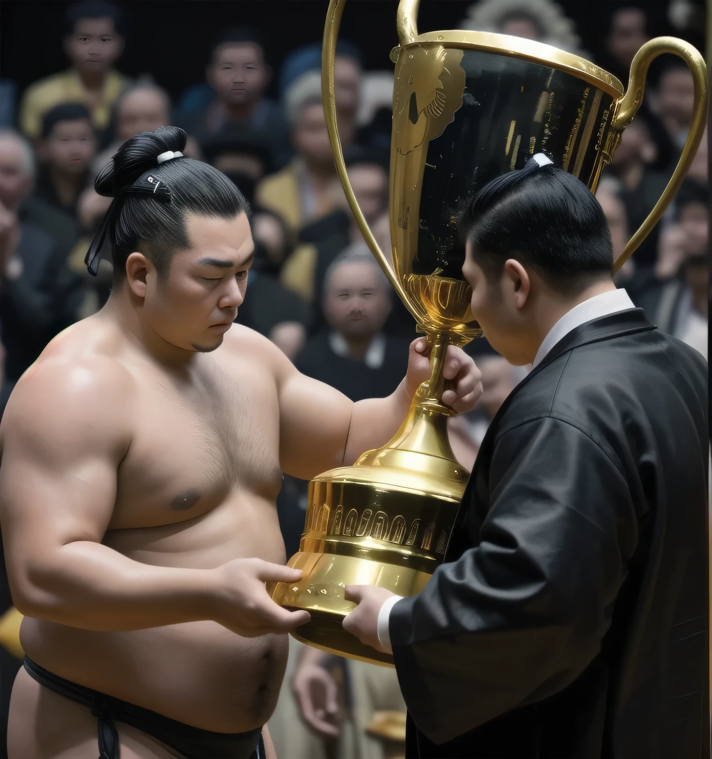Sumo wrestlers, Golden Trophy, A man wearing a black haori coat