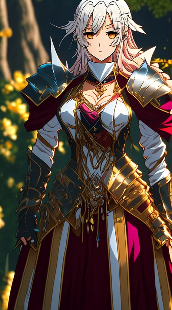 Alafi wears white and gold clothing，There is a pink flower on it, detailed digital anime art, detailed anime art, detailed anime artwork, 8k high quality detailed art, intricate ornate anime cgi style, beautiful armor, sliver ice color reflected armor, anime art wallpaper 4k, anime art wallpaper 4 k, stunning armor, detailed key anime art, anime fantasy artwork