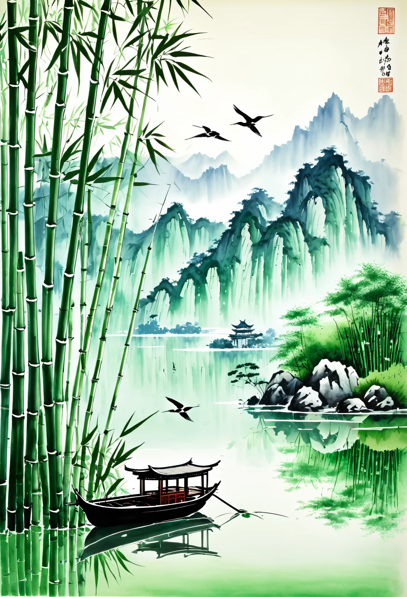 (landscape),(traditional Chinese painting),(detailed ink colors),mountains in the background,lake with a boat and birds,reflection in the water,green bamboo