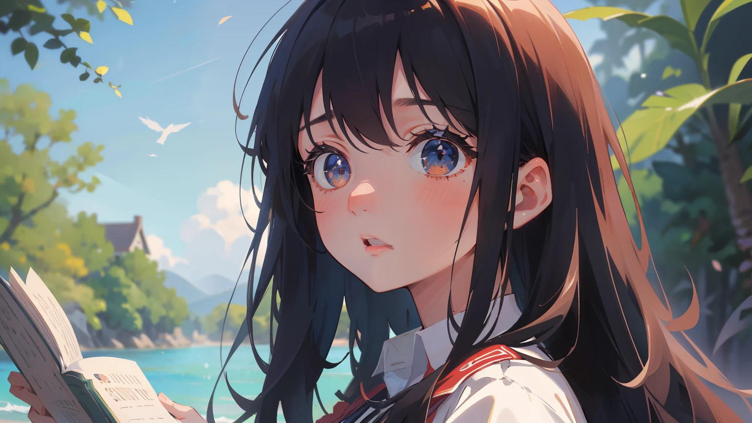 (masterpiece), (highest quality), Ultra-high resolution, Sharp focus, ((1 female, alone)), whole body, Dutch Shot, Beautiful detailed hair, Chestnut Hair, long hair hanging down, Beautifully detailed face, ((Beautiful eye shape)), Perfect feminine face, Surprised face, Open your lips, Good for the audience, In the water,Reading a book