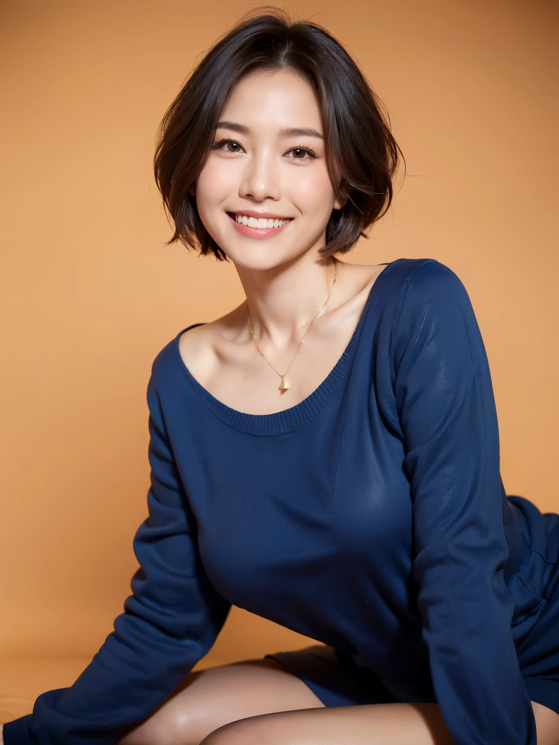 (highest quality, 8k, 32k, masterpiece, Ultra-high resolution:1.2),Beautiful Japanese Women Photos, Large Breasts, Very short bob hair,whole body,Blue sweater, necklace, Simple Background,  View your audience,smile、（Italy:1.2）、（Rome:1.5）、（Spanish Steps:1.4）、（Illuminated by the morning sun：1.4）、（smile:1.5)