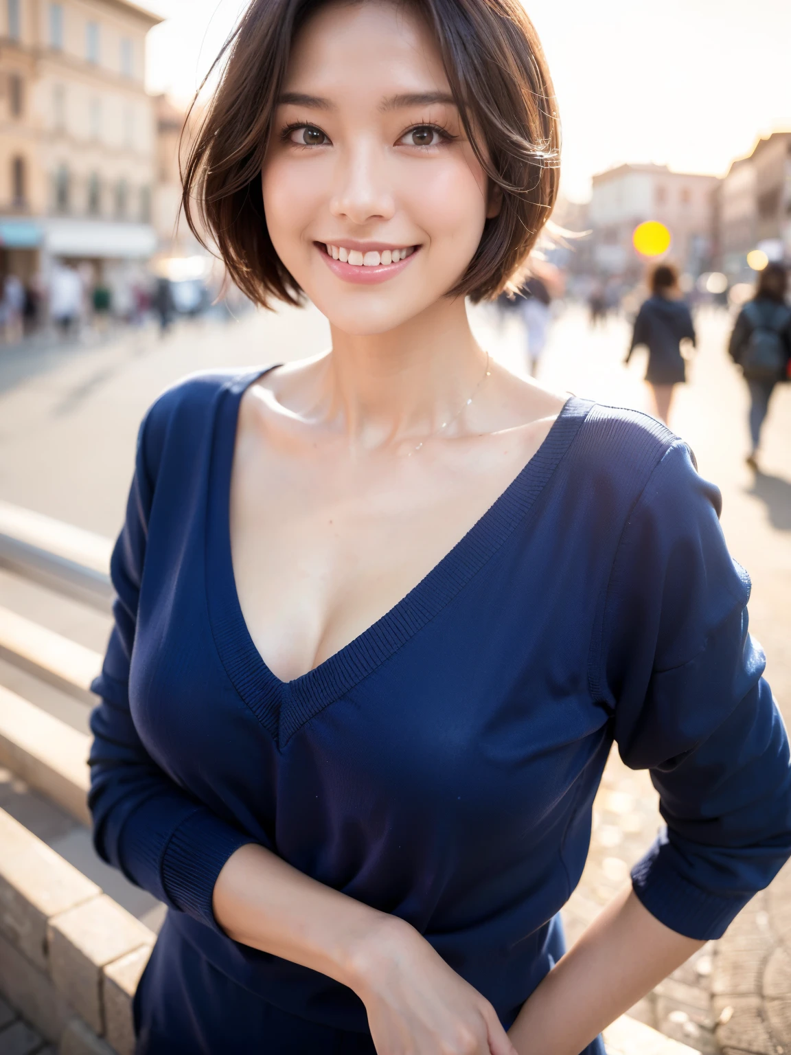 (highest quality, 8k, 32k, masterpiece, Ultra-high resolution:1.2),Beautiful Japanese Women Photos, Large Breasts, Very short bob hair,whole body,Blue sweater, necklace, Simple Background, View your audience,smile、(Italy:1.2)、(Rome:1.5)、(Spanish Steps:1.4)、(Illuminated by the morning sun:1.4)、(smile:1.5)
