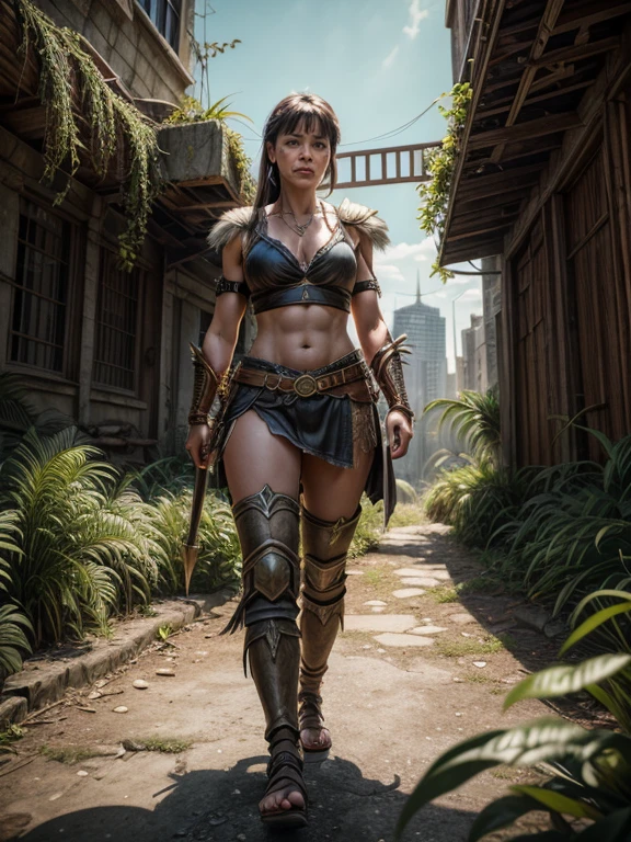a portrait picture of Xena the Amazon Warrior Stands at the Gate of an ancient and weathered Metropolis City with overgrown plants in the streets, Insanely detailed Scene, realistic, Don Lawrence Style, Octane render
