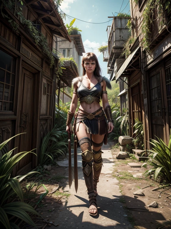 a portrait picture of Xena the Amazon Warrior Stands at the Gate of an ancient and weathered Metropolis City with overgrown plants in the streets, Insanely detailed Scene, realistic, Don Lawrence Style, Octane render