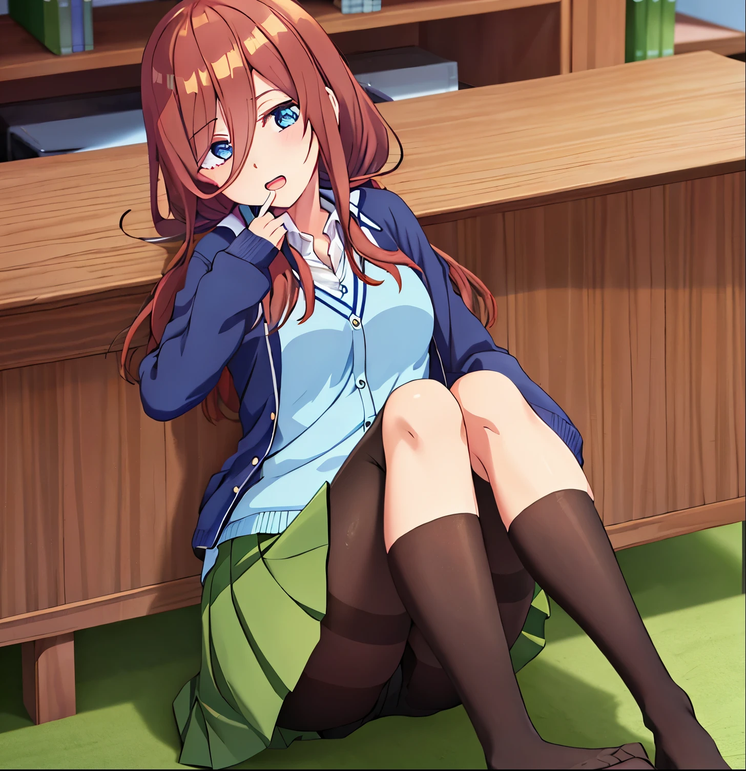 1girl, alone, Miku nakano,masutepiece, Best Quality, (Very detailed CG Unity 8K wallpaper) (Best Quality), (Best Illustration), (Best Shadows), Miku Nakano, Brown hair, Blue eyes, classroom, Beautiful detailed eyes, looking at viewer,((Blue Cardigan)),((Short green pleated skirt)),((Black pantyhose)),evil smile,head tilt,finger to mouth,open mouth out, perfect hands, perfect anatomy,