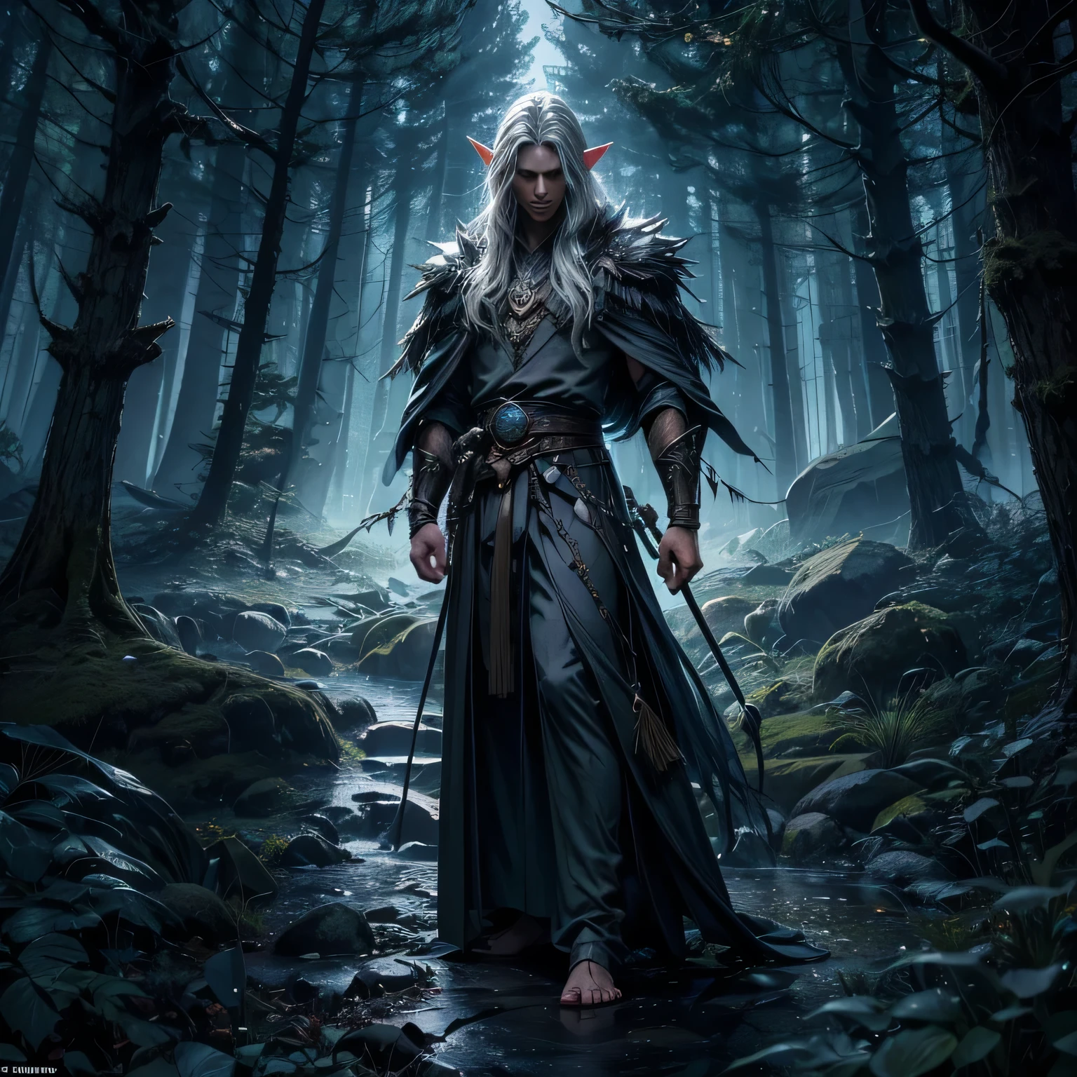 In a sprawling, ethereal forest bathed in the soft luminescence of twilight, a lone figure emerges. Meet Aeron, a strikingly built human male in his mid-twenties, standing tall with an aura of quiet confidence. His physique, sculpted with sinewy muscles, speaks of both strength and agility, hinting at years of rigorous training. His dusky skin, kissed by the sun, carries an otherworldly luminescence, reminiscent of moonlit glow. Aeron's hair, a cascade of midnight black, falls in untamed waves, framing his chiseled features. His eyes, pools of molten silver, gleam with an otherworldly wisdom, reflecting the mysteries of the cosmos. Adorned with delicate elven runes, his skin seems to pulsate with latent magic, a testament to his arcane heritage. Cloaked in robes woven from the fabric of the night sky itself, Aeron cuts a striking figure against the verdant backdrop. The robes, shimmering with celestial constellations, billow around him, whispering secrets of the universe with every movement. A belt of intertwined ivy cinches his waist, adorned with vials of rare elixirs and charms, symbols of his alchemical prowess. In his hand, he holds a staff, carved from the ancient wood of the world tree, its gnarled branches adorned with glowing crystals that hum with latent power. With a gentle touch, he channels the elemental forces of nature, shaping the very fabric of reality itself. As he stands amidst the whispering trees, Aeron is engaged in a ritual of communion with the spirits of the forest, his eyes closed in serene concentration. Wisps of emerald energy dance around him, intertwining with the ambient magic of the woods, creating a symphony of color and light. In this enchanted realm where magic and mystery intertwine, Aeron stands as a guardian of balance, a beacon of hope in a world shrouded in darkness. And as he communions with the spirits of the forest, he embodies the timeless wisdom of the ancients, a living embodiment of the eternal cycle of life