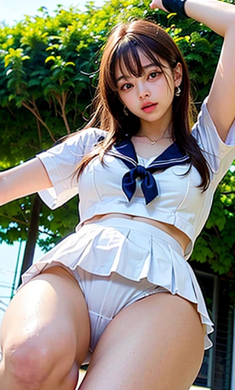 Detailed CG Unity 8k wallpapers、highest quality、masterpiece、Realistic、Bright lighting、very cute woman、cute、、high school girl、Captivating eyes、((Droopy eyes))、(Watery eye:1.3)、((Ecstasy face))、Open your mouth a little、Face Light、(Brown hair with bangs)、Earrings、necklace、Glowing Skin、Pure white skin、Big Breasts、((Perfect Anatomy、Perfect limbs、Thin fingers、Five Fingers))、(Both arms are restrained by chains)、(Put your arms above your head:1.5)、((Navy Pleated Mini Skirt:1.3))、((Short-sleeved white sailor suit:1.3)、(Very short white sailor suit)、((Her sailor uniform is rolling up、Her chest is half exposed:1.3))、((Spread your legs wide))、((Lift your legs))、(White lace panties)、(White lace pantiesが見える:1.3)、(Focus on white panties:1.3)、(From below:1.3)、(Thin thighs)、(Thin legs)、On the grass in the park、