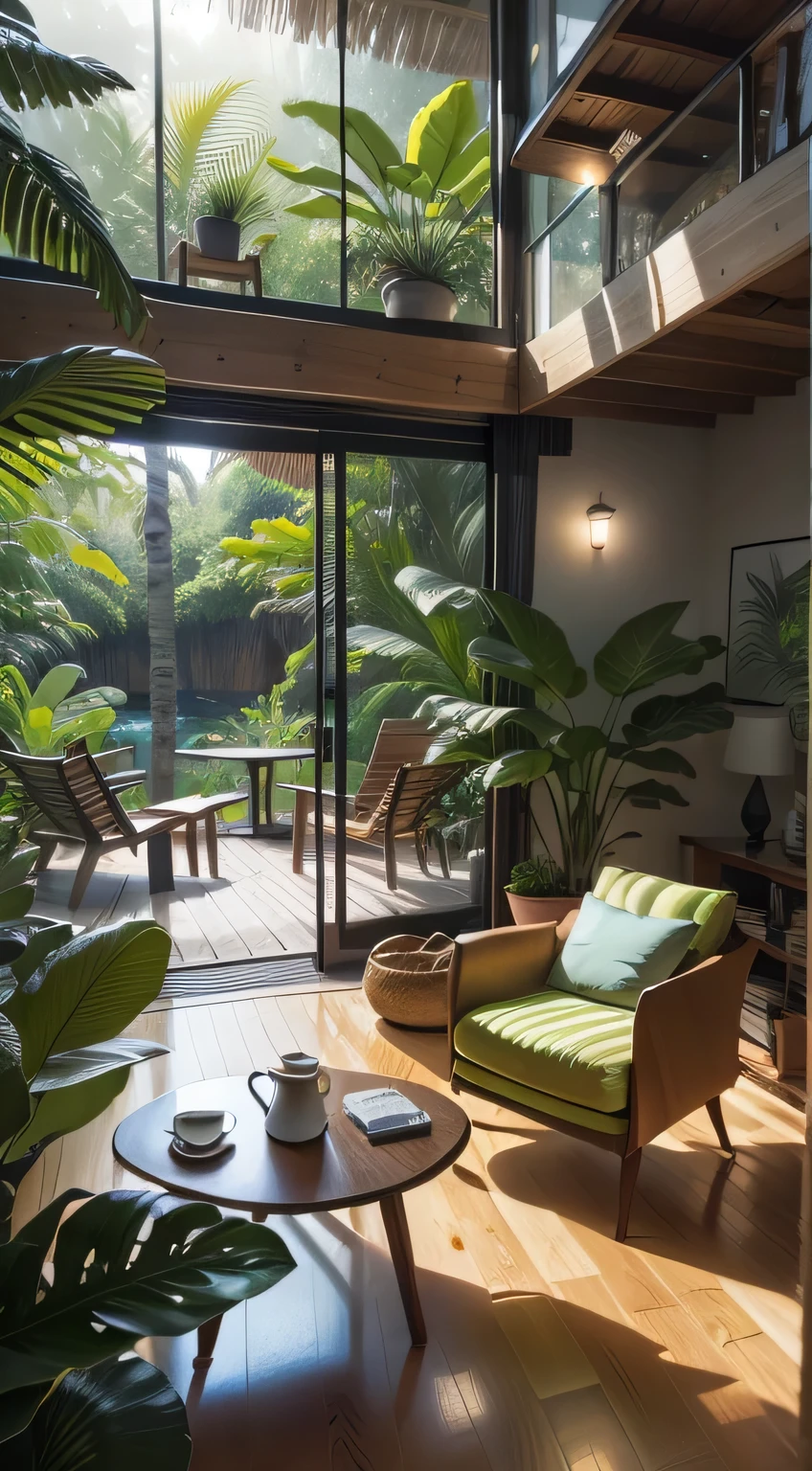 Create a hyper-realistic image of a modern and cozy home interior integrated with a rainforest on a paradise island