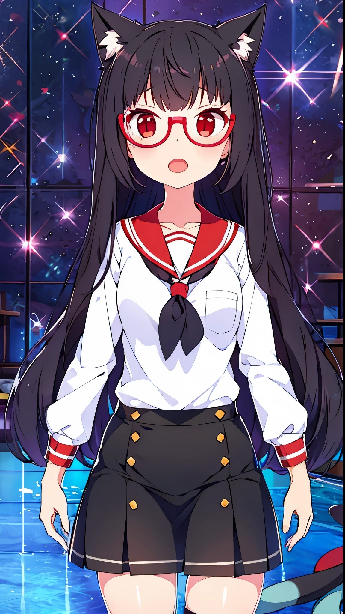 girl black hair red eyes Glasses nekomimi