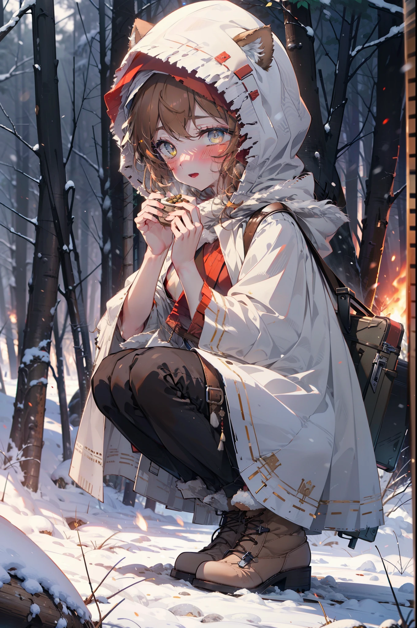 Lililukarde, Liliruka gets burned, Animal ears, (Brown eyes:1.7), Brown Hair, (Flat Chest:1.2), short hair,smile,blush,White Breath,
Open your mouth,snow,Ground bonfire, Outdoor, boots, snowing, From the side, wood, suitcase, Cape, Blurred, having meal, forest, White handbag, nature, Squat, Mouth closed, Cape, winter, Written boundary depth, Black shoes, red Cape break looking at viewer, Upper Body, whole body, break Outdoor, forest, nature, break (masterpiece:1.2), highest quality, High resolution, unity 8k wallpaper, (shape:0.8), (Beautiful and beautiful eyes:1.6), Highly detailed face, Perfect lighting, Extremely detailed CG, (Perfect hands, Perfect Anatomy),