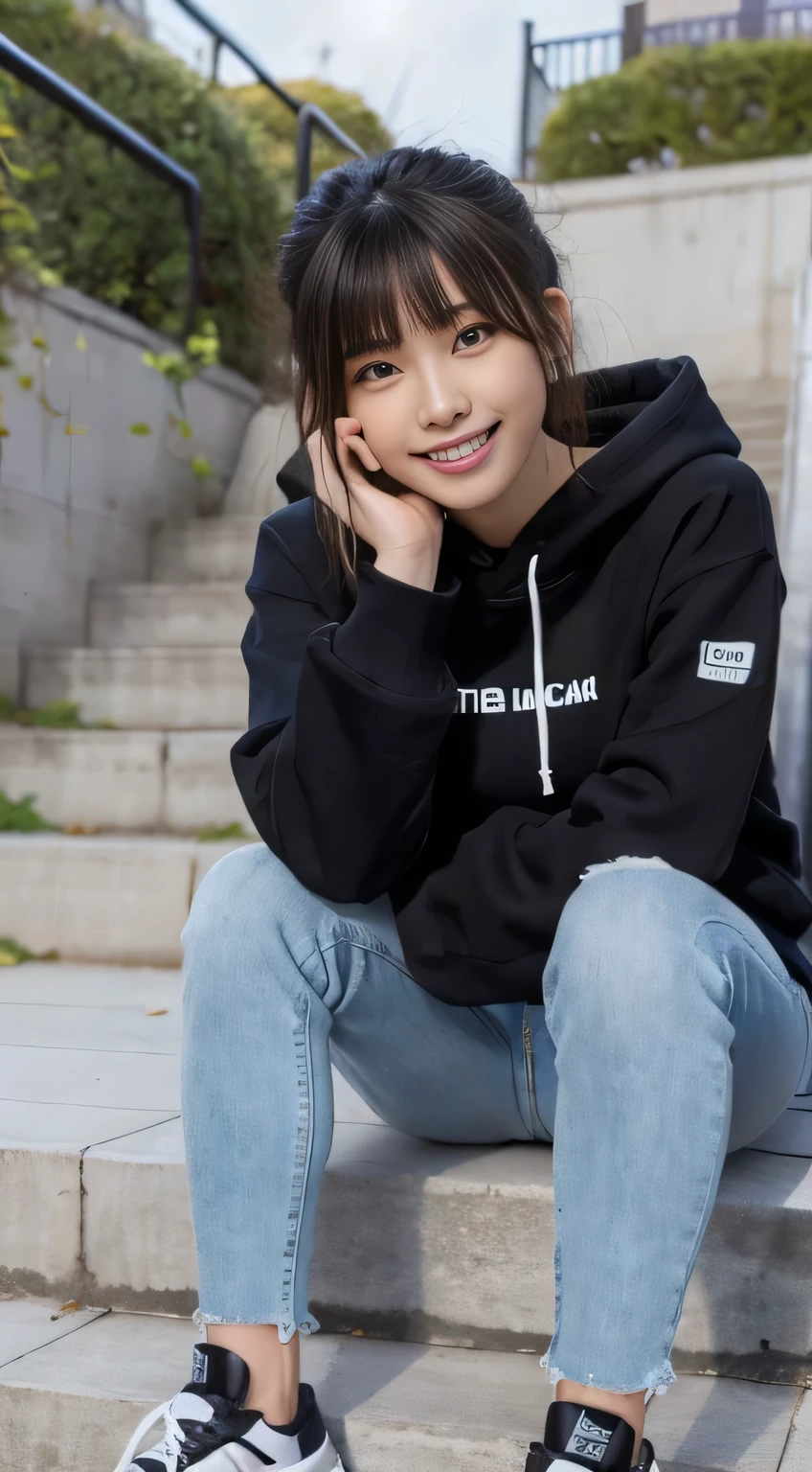 highest quality, Realistic, Very detailed, Finer details, High resolution, 8k wallpaper, One beautiful woman,Sit on the stairs、(Wear black socks)smile、(Beautiful teeth alignment、)(Gums are visible) Oversized hoodie, Skinny jeans,( Black sneakers)、Black Hair、 Beautiful Bangs、ear piercing、Perfect dynamic composition, Beautiful and detailed, Full Body Shot, A big smile