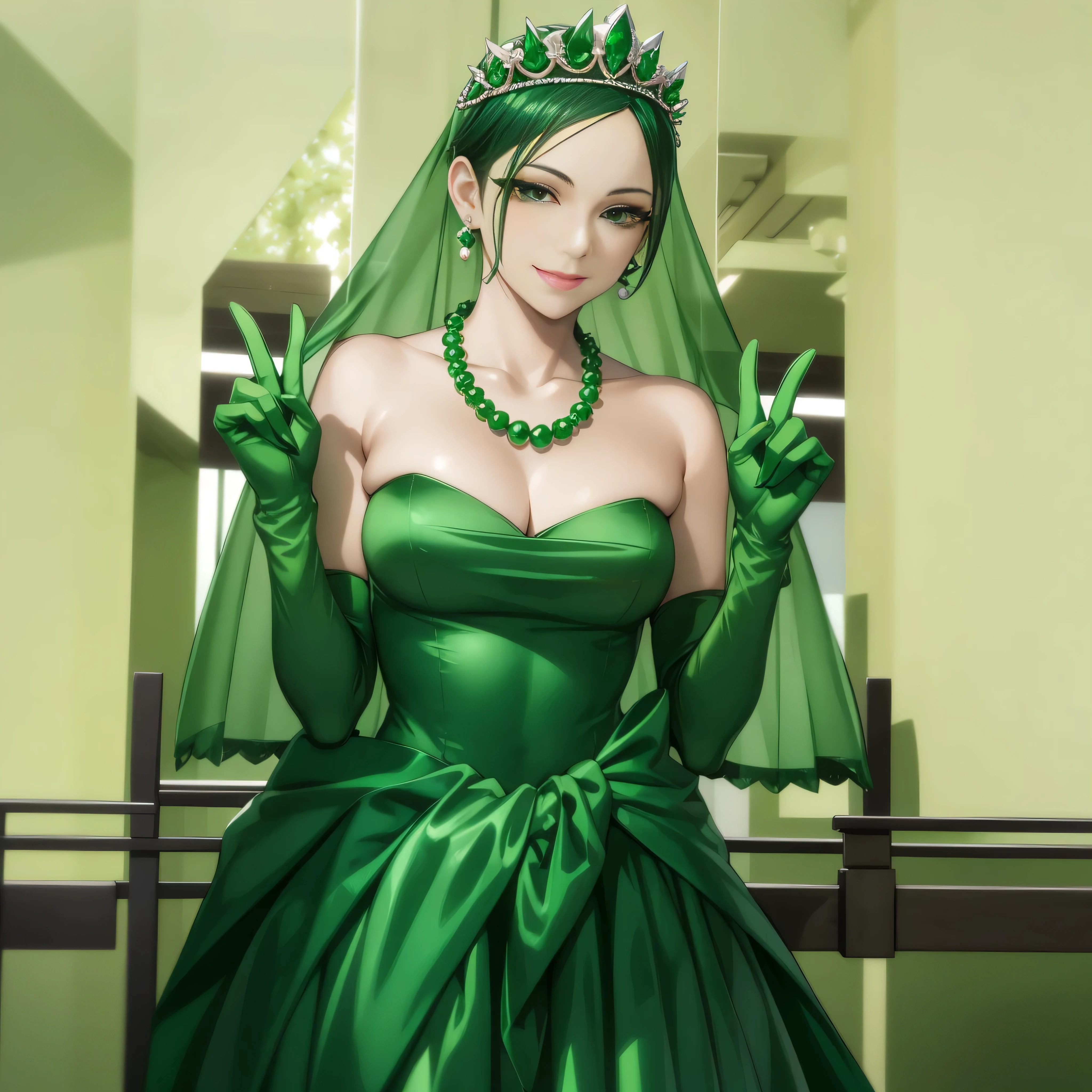 Emerald tiara, Green Pearl Necklace, Boyish very short green hair, lipstick, Smiling Japanese woman, Very short hair, Big tits beautiful, Green Eyes, Long green satin gloves, Green Eyes, v sign, Emerald Earrings, Green Veil
