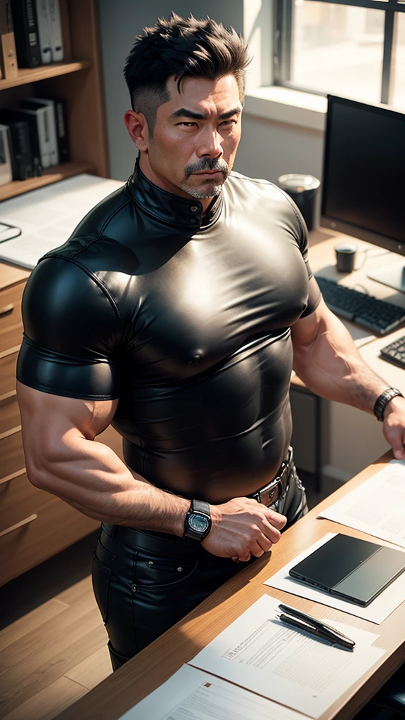  50 years old,dad,"tight leather trousers",dad sitting hd,in office,"big muscle", gay,black hair,asian face,masculine,strong man,boss leather gloves,depraved dad,look straight ahead,handsome dad,handsome dad,handsome dad,dad is "dad"