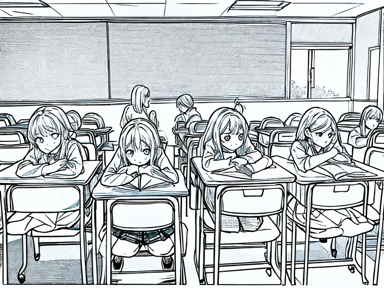 "Create an image from the perspective of looking through a classroom window. Inside, a girl is sitting at a desk looking sad and scared while being bullied by three other students. The bullies are standing around her, appearing mean and intimidating. The classroom setting should be clearly visible with desks, chairs, and a chalkboard in the background."
