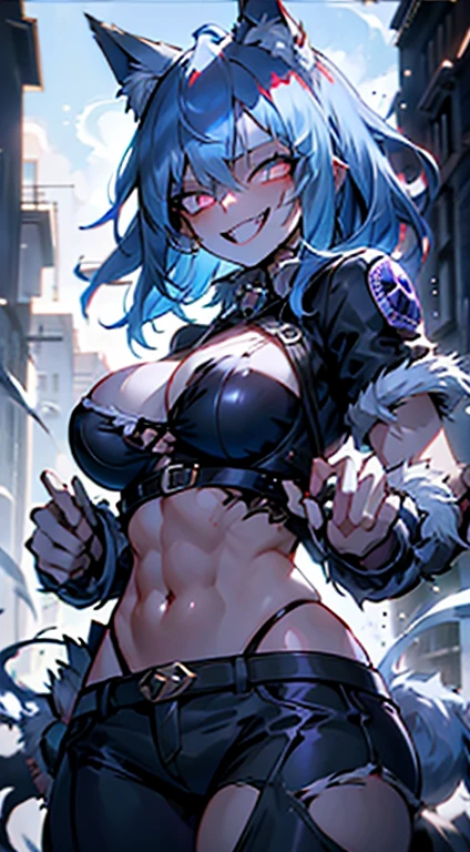 1girl, short_rebellious_hairblue_hair, hair tips to the side, blue_eyes, scary_eyes, short_hair, hair just blue,Big_smile , Evil smile_sharp_wild teeth, looking_at_vi ewer, holding, shirt, pant, animal_ears, blue_ ears, wolf_woman, blue_tail, body_perfect, Milf_body, female_body_muscular sexy, big_breasts, scar_on_thighs, scar_on_the abdomen,vampire slayer_outfit, outfit Black and White