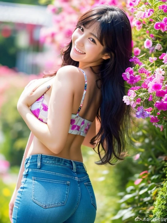 Japanese women、Age 25、(Chubby body type:1.1)、A clear eye and a happy smile、Wander through vibrant flower fields in this photo-realistic, high-quality 32K photo.。 Patterned shirt、Navy blue tight jeans、Long Hair、I let my hair flow naturally。 (Big Breasts:1.25)、(Big Ass:1.1)。This image is、Her whole body is captured in a sea of flowers.、The focus is on her playful attitude and colorful, natural surroundings。