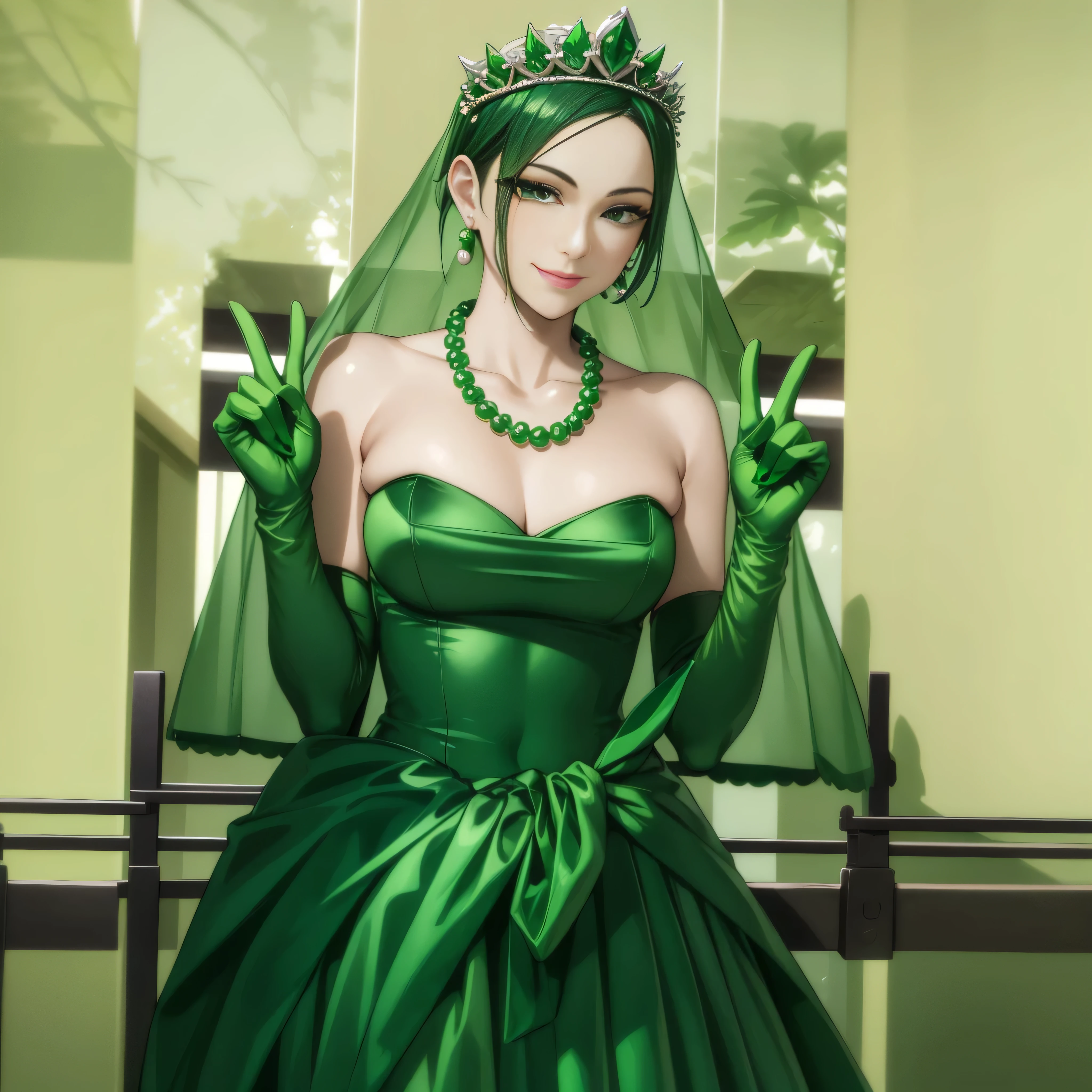 Emerald tiara, Green Pearl Necklace, Boyish very short green hair, lipstick, Smiling Japanese woman, Very short hair, Big tits beautiful, Green Eyes, Long green satin gloves, Green Eyes, v sign, Emerald Earrings, Green Veil
