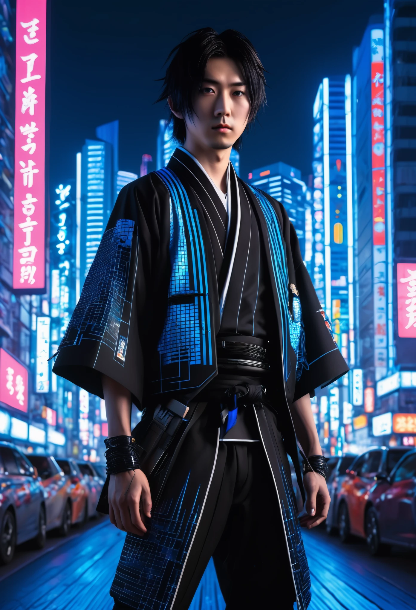 (high quality), (masterpiece), (detailed), 8K, Hyper-realistic illustration depicts (Japanese boy1.3) with striking (blue eyes1.2) and spiky (black hair1.2), donning futuristic (fantasy clothes1.2) infused with traditional (Japan culture1.2) elements, set against a backdrop of (neon-lit cityscape1.2) with towering skyscrapers and holographic advertisements. In style of Takashi Murakami, trending on Artstation.