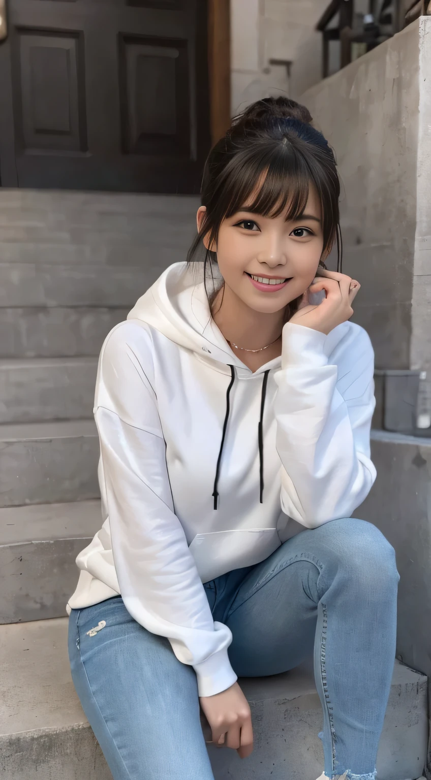 highest quality, Realistic, Very detailed, Finer details, High resolution, 8k wallpaper, One beautiful woman,Sit on the stairs、(Wear black socks)smile、(Beautiful teeth alignment、)(Gums are visible) Oversized hoodie, Skinny jeans,( Black sneakers)、Black Hair、 Beautiful Bangs、ear piercing、Perfect dynamic composition, Beautiful and detailed, Full Body Shot, A big smile