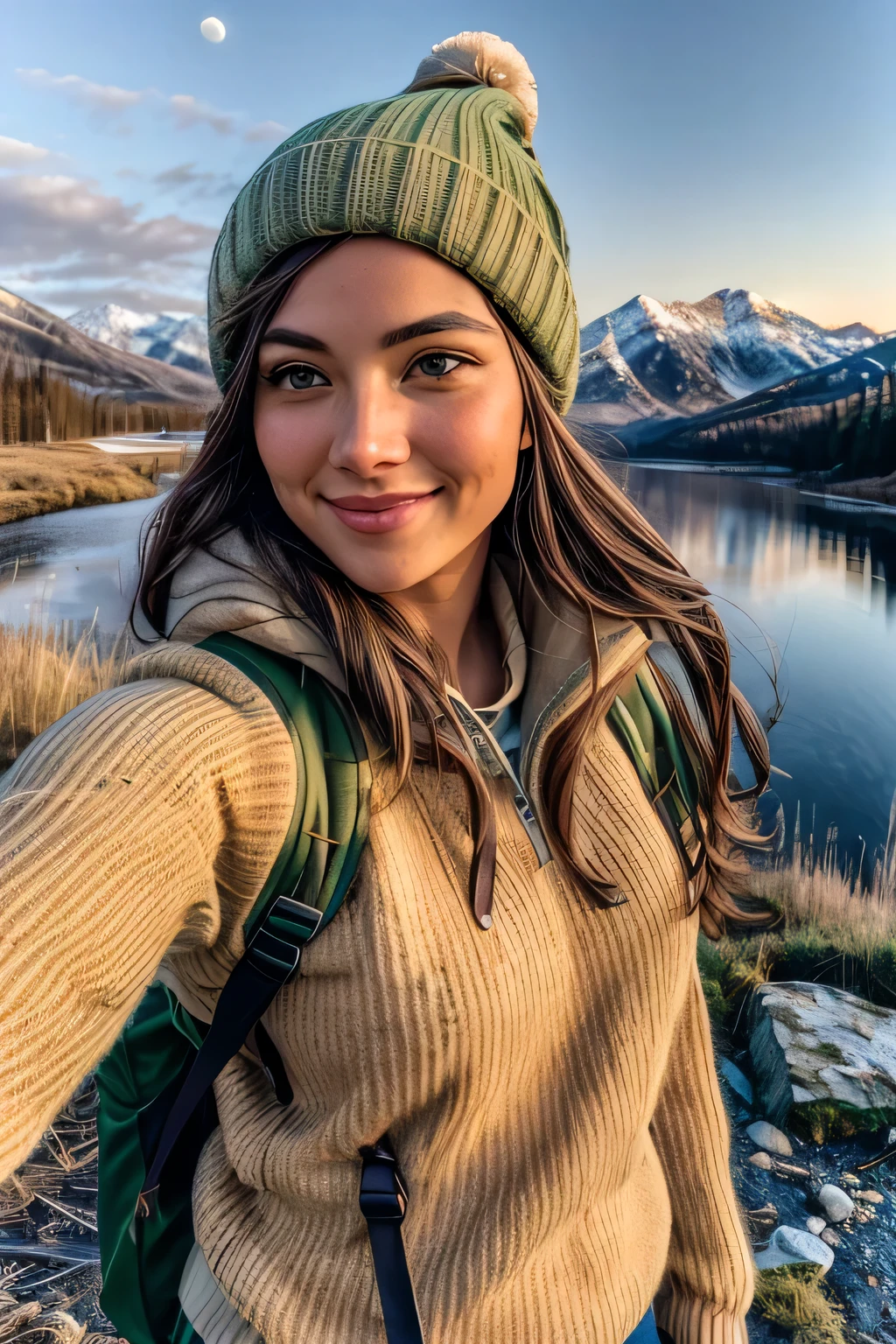 Beautiful woman light brown hair green eyes, ((upper body selfie, happy)), masterpiece, best quality, ultra-detailed, solo, outdoors, (night), mountains, nature, (stars, moon) cheerful, happy, backpack, sleeping bag, camping stove, water bottle, mountain boots, gloves, sweater, hat, flashlight, forest, rocks, river, wood, smoke, shadows, contrast, clear sky, analog style (look at viewer:1.2) (skin texture) (film grain:1.3), (warm hue, warm tone) :1.2), close up, cinematic light, sidelighting, ultra high res, best shadow, RAW, upper body, , wearing pullover
kodak vision 3,