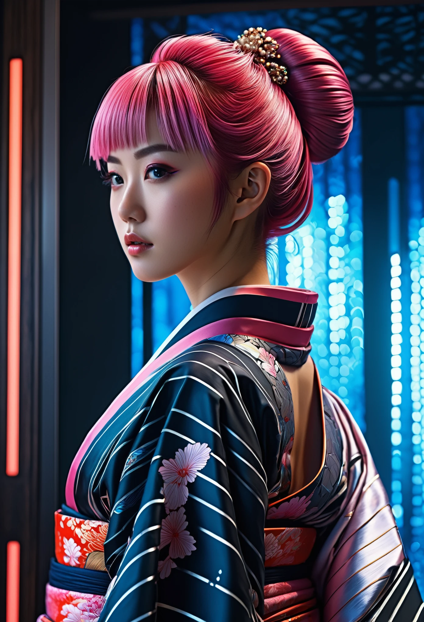 (high quality), (masterpiece), (detailed), 8K, Hyper-realistic illustration depicts (Japanese girl1.3) with intricate (traditional kimono1.2) adorned with (futuristic neon accents1.2) and (modern Japanese patterns1.2), showcasing a blend of (ancient culture1.2) and (cutting-edge technology1.2). Her (vibrant pink hair1.2) flows like a (digital waterfall1.2) down her back, as she gazes into the distance with (intense, futuristic eyes1.3). In style of Hajime Sorayama, trending on Artstation.