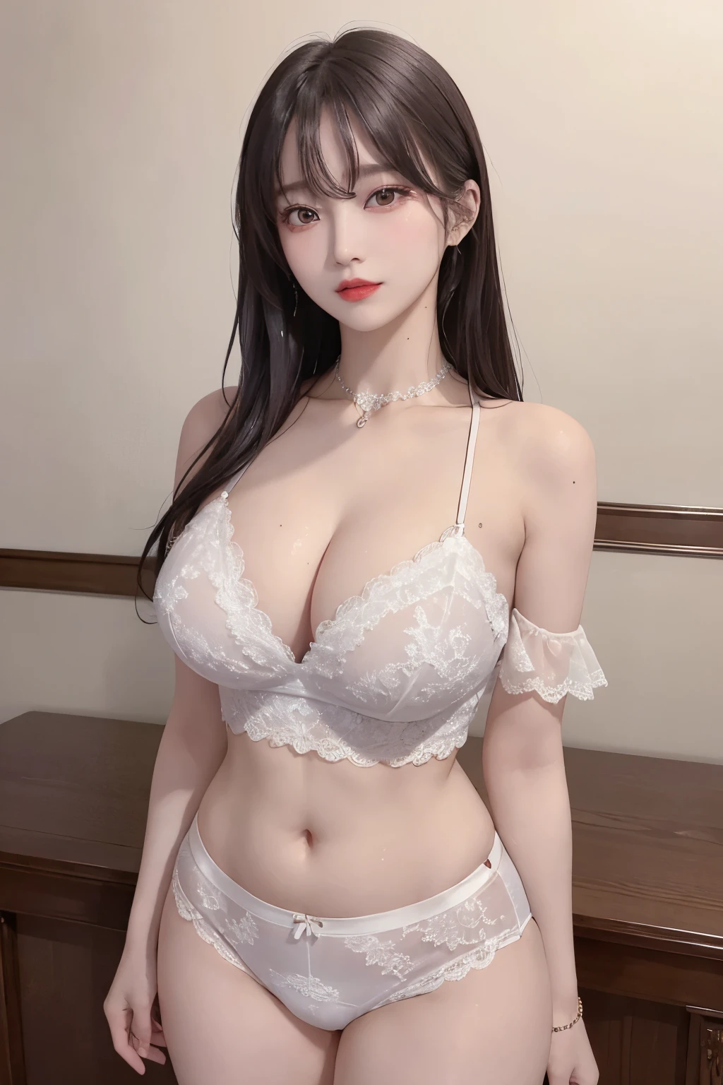 A sexy and charming korea woman, legs thrown back, elegant and intellectual, confident and generous, exquisite and beautiful face, exquisite collarbone, charming fragrant shoulders, navel, full body wet photo, body facing the front, beautiful and exquisite pretty face, peach Red lips, fragrant shoulders slightly exposed, super big breasts looming, focus on the face, seductive and delicate collarbone, ultra-high resolution, tender and smooth skin, very realistic details, bokeh, Bright Background, ultra-high-definition, outstanding details, 8K, blushing face, Attractive collarbone, sexy shoulders, one person, wet bob hair, ponytail long hair, smile with teeth, clothes((luxury lace crop top and lace boxers with deep cleavage, luxury necklace):1.2), high detail, shiny skin, (standing pose:1.5),