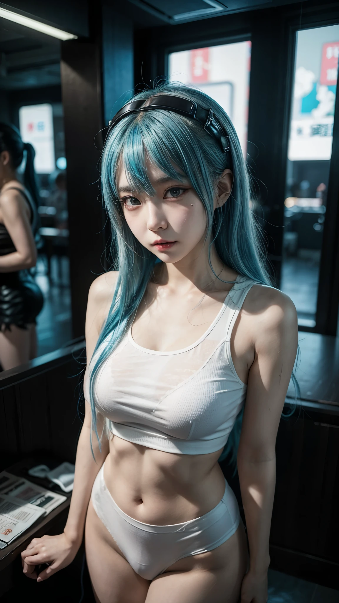 there is a woman with a blue hair and a white top, anime girl cosplay, inspired by Leng Mei, photo of slim girl model, anime girl in real life, seductive anime girl, cyberpunk 2 0 y. o model girl, chinese girl, female cyberpunk anime girl, photo of slim girl, beautiful cyberpunk woman model, anime cosplay, cosplay photo, cosplay