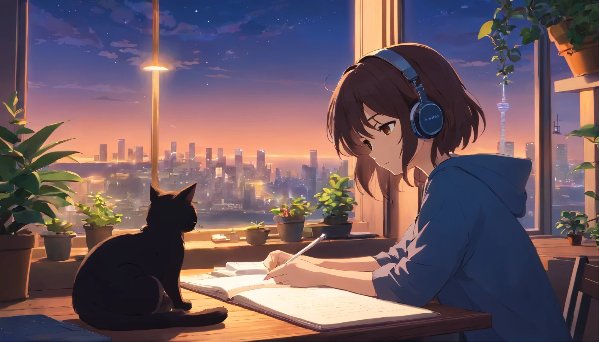 figure, Young girl, Headphones, write, apple, Cozy rooms, at night, Cityscape, Wooden table, Potted plants, Sleeping black cat, Book, window, Book棚, Synthwave.Brown hair,
