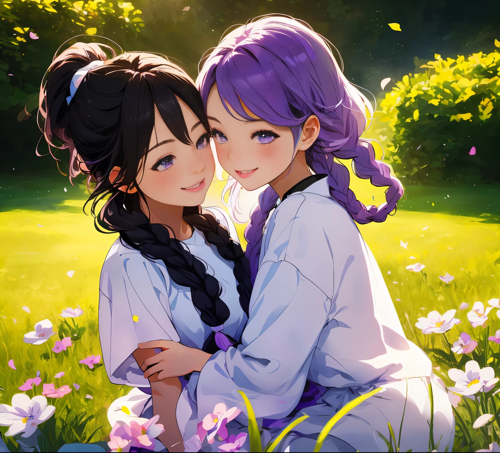 1boy,A girl with purple and white gradient double braids and long ponytail,,youthful,vibrant,natural,sunny grassy backdrop,smiling faces,eye contact,tender emotions,sweet atmosphere,illustration,pastel colors,best quality,4k,8k,highres,masterpiece:1.2,ultra-detailed,realistic,photorealistic:1.37,studio lighting,professional,soft focus,vivid colors,luminous lighting