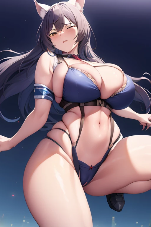 masterpiece, best quality, beautiful art, high resolution, well formed hands, body and fingers, 1 woman, solo, Black Hanekawa, cat ears and cat tail, grown up, adult, she wears a police officer hat, big breasted, cleavage full body, gorgeous legs and thighs, wearing sexy black lingerie ,sexy and skimpy lingerie, black bra, black underwear, ryona, in peril, she is ambushed and beaten up by a villain, being beaten up, reacting to the villain's attacks on her, closed eyes, she screams in pain and agony, knocked down, slapped in the face, showing vulnerability and weakness, ryona and perilous scene, sexy ryona, sexy heroine in danger , sexy police officer, bouncing breasts, city at night with full moon