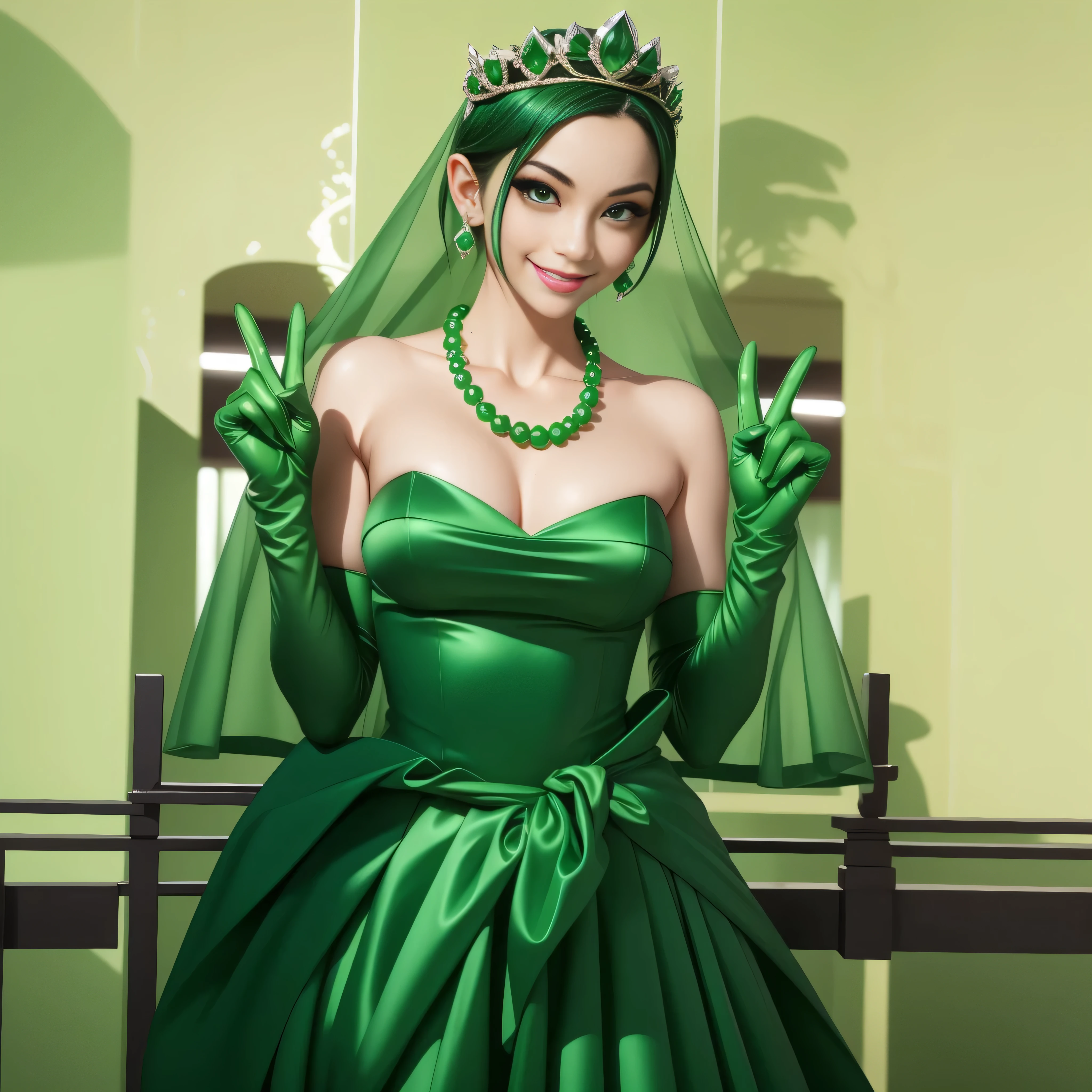 Emerald tiara, Green Pearl Necklace, Boyish very short green hair, lipstick, Smiling Japanese woman, Very short hair, Big tits beautiful, Green Eyes, Long green satin gloves, Green Eyes, v sign, Emerald Earrings, Green Veil