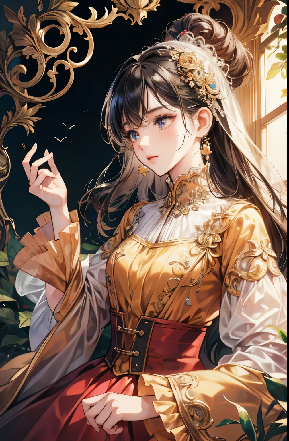 (absurd, high resolution, Ultra Detailed), 1 girl, solitary, Baroque, Long skirt, Long sleeve, elegant, Colorful, The most detailed, Upper Body