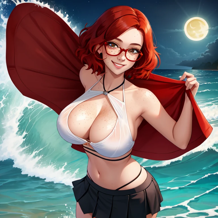 young woman, short red hair, glasses, freckles, smiling, lifting skirt, sheer under chest top, ocean beach, huge waves, moonlight