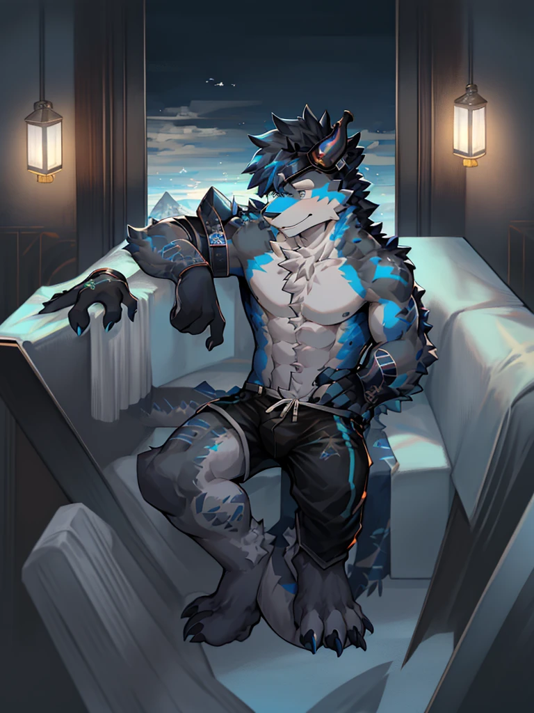 Chinese dragon boy,Gray fur,Topless, mammal, hairy,Gray Eyes,upscale hotel,Blue and black gradient swimming trunks quality,black fingerless gloves,goggles