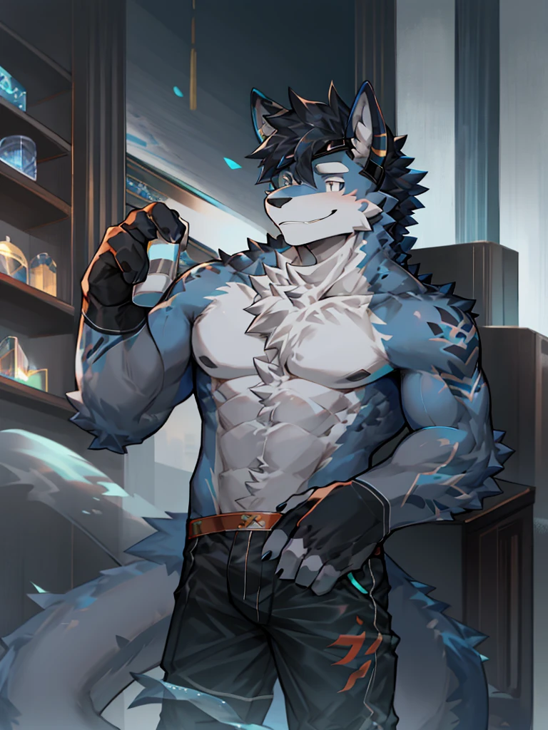 Chinese dragon boy,Gray fur,Topless, mammal, hairy,Gray Eyes,upscale hotel,Blue and black gradient swimming trunks quality,black fingerless gloves,goggles