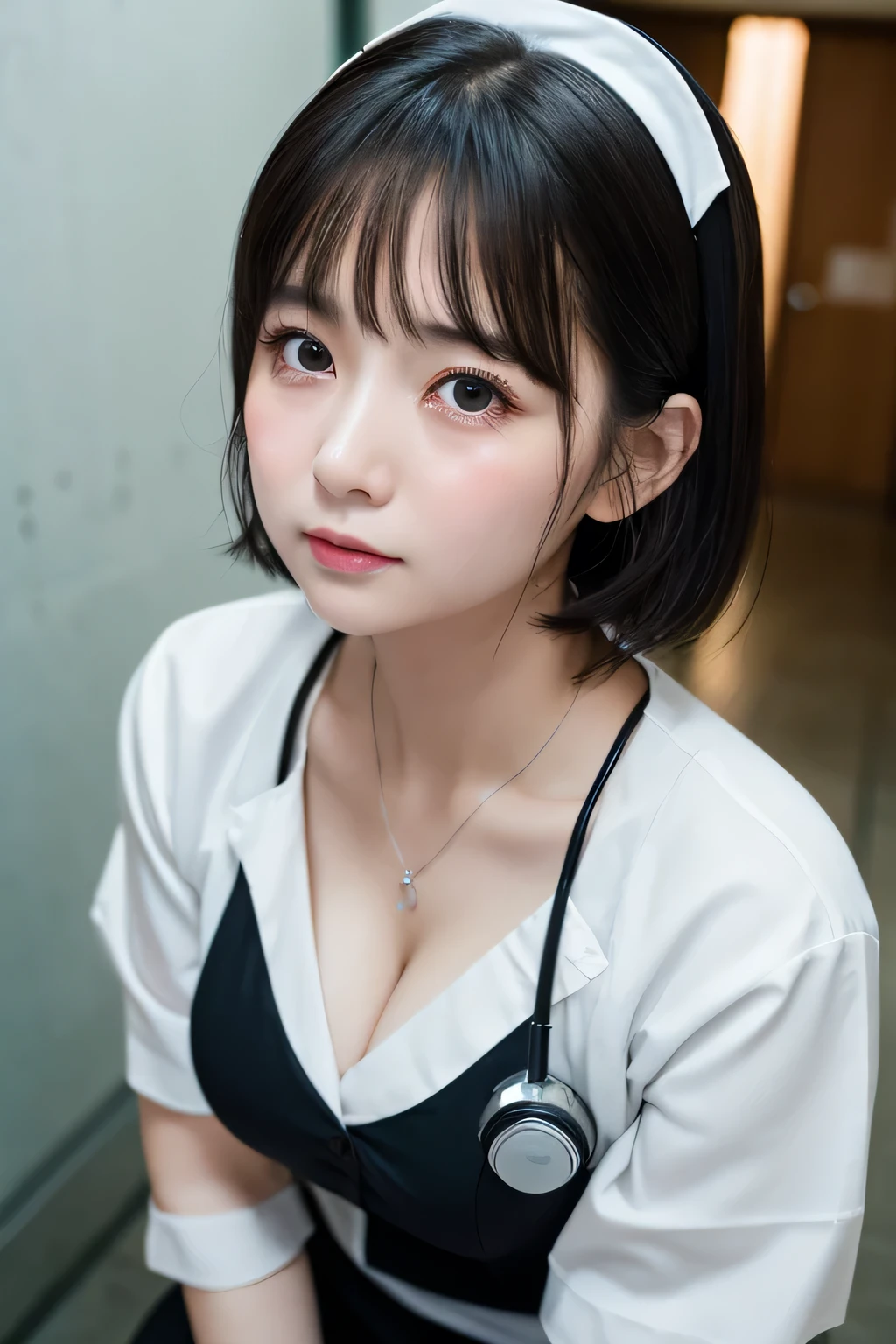 (1 Girl)、(Beautiful Japanese、18years old,round face、Refreshing、clear、seems kind、stylish、Pitiful、cute like an angel、cute、black eyes、,actress,Almond-shaped eyes,Translucent white skin、Beautiful skin), Good style , (Beautiful big breasts:1.2),(soft breasts),(very cute),(Black hair),(short bob hair),(enchanting eyes),(highlight on eyes:1.2)、(8K、Live shooting、highest quality、masterpiece:1.2、optimal lighting)、((masterpiece)),(Photo taken by a professional photographer),(real、photo real:1.4),break,{ (White nurse costume),(((taraditional nurse uniform))),,{(White nurse tight pants)},(cleavage:1.2)},( Crying in tears:1.4),(tears:1.4))(cheeks are red:1.2), break, break,Old abandoned hospital,Face shot:1.3、Nurse station at night、looking away, face close-up,Looking up、sitting、