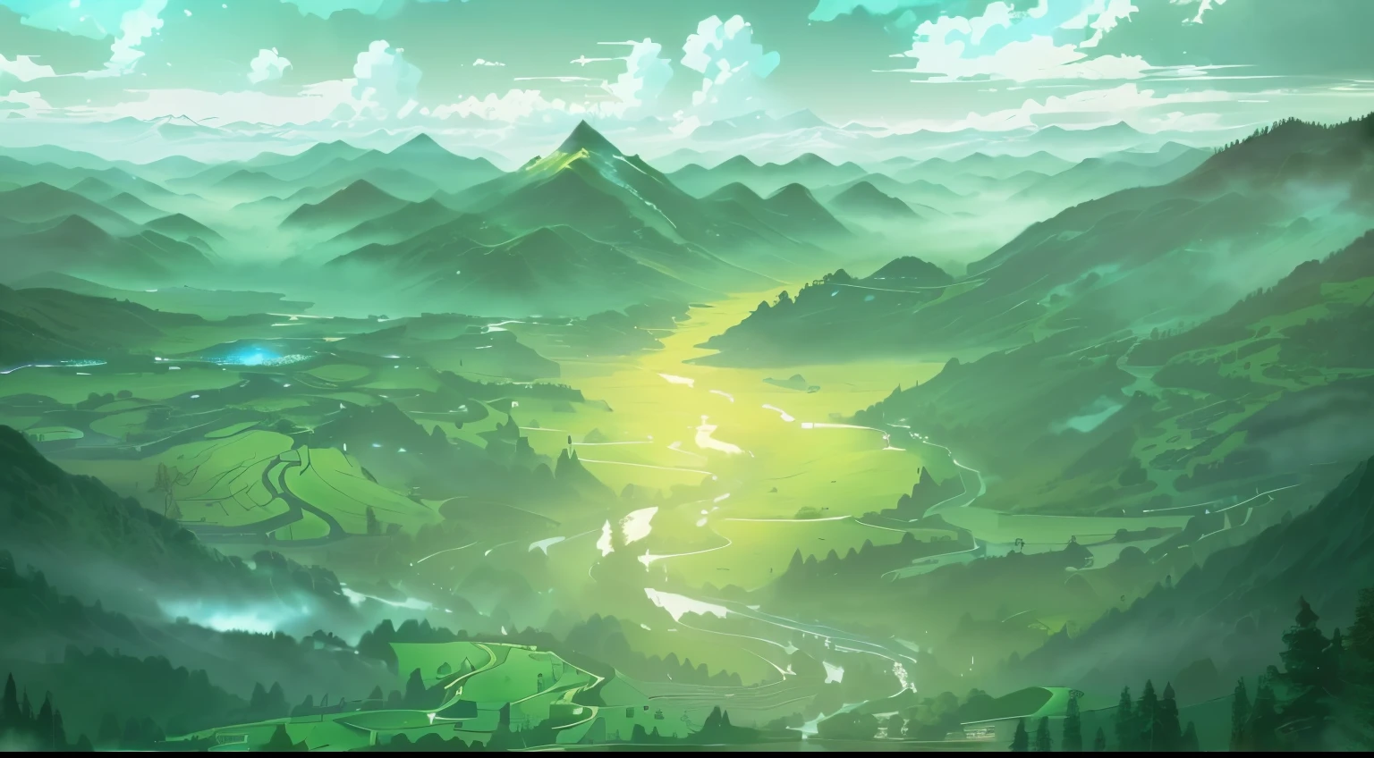 There is a number，Depicts a river running through a forest, Anime Landscape, Detailed scenery —width 672, Mountain background, Composed of trees and fantasy valley, Mountain area, anime rural scenery, high fantasy landscape, Anime Landscape wallpaper, Symmetrical fantasy landscape, fractal landscape, Huge landscape!, Impressive fantasy landscape, Epic dreamlike fantasy landscape, Magic battlefield background，green