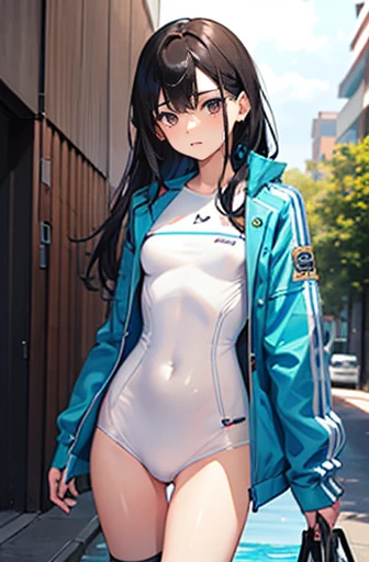 A girl is wearing water suit. Small bust, Skinny body