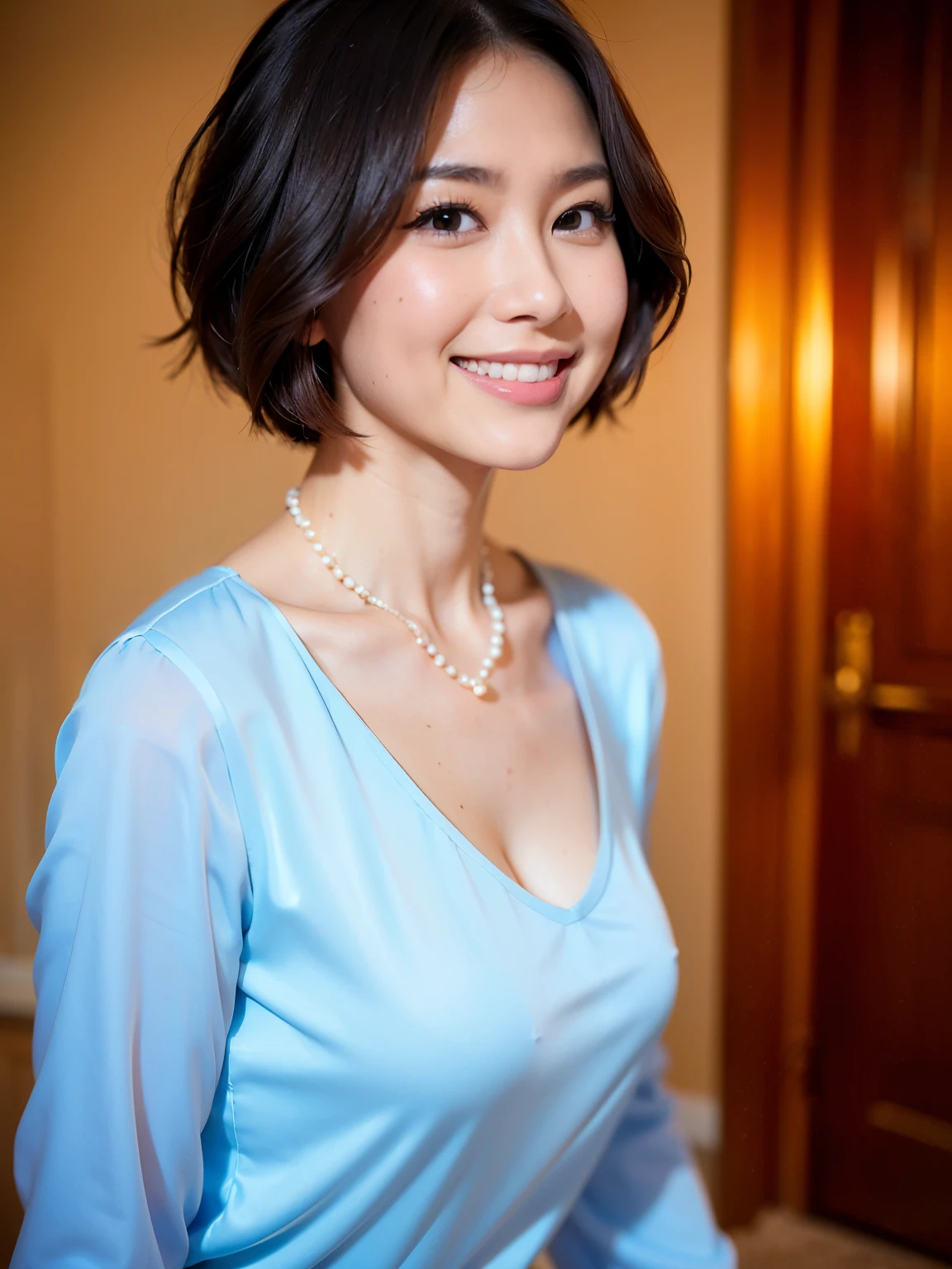 (highest quality, 8k, 32k, masterpiece, Ultra-high resolution:1.2),Beautiful Japanese Women Photos, standard body type、（D cup breasts:1.4), Very short bob hair,Upper Body,Face Focus,（Light blue ruffled blouse：1.6）、（Pearl Necklace:1.4), （Midnightの工場事務室:1.6), The viewer is looking at her from the side, Observe the audience、（smile：1.3）、（教会の薄Dark Room：1.6）、（Only candlelight：1.5）、Dark Room、Midnight